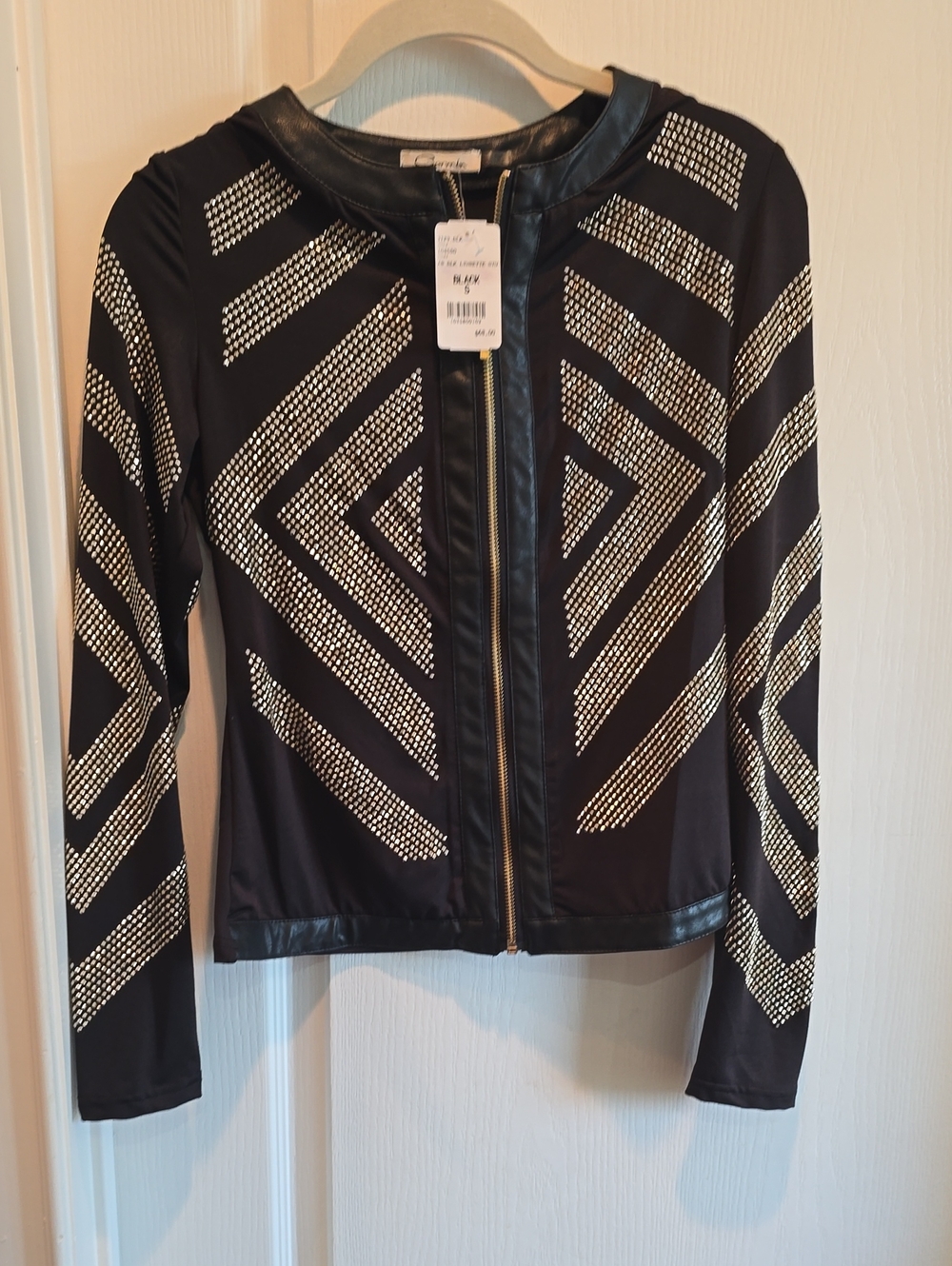 Black Stud-Embellished Zip-Front Faux Leather Trim Jacket